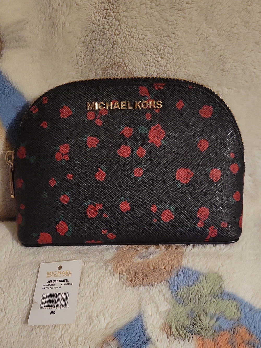 Michael Kors Black Floral Zip Cosmetic Pouch - Red Flowers